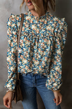 Load image into Gallery viewer, Sky Blue Floral Print Frilled Mock Neck Puff Sleeve Blouse
