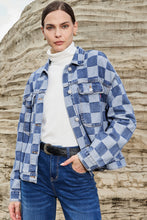 Load image into Gallery viewer, Light Blue Checkered Patchwork Button up Denim Jacket
