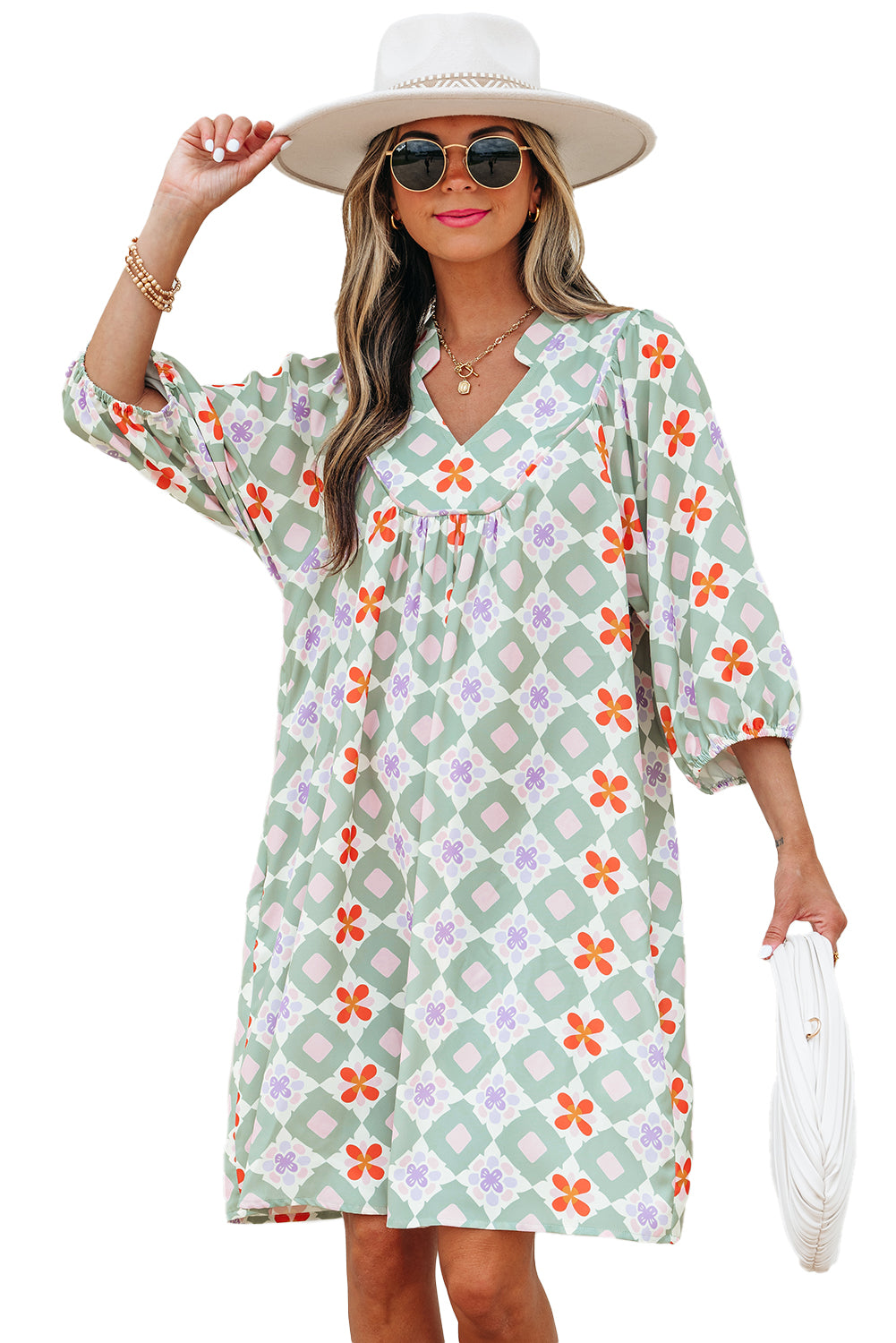 Green Geometric Floral Print 3/4 Sleeve Notched Neck Mini Dress