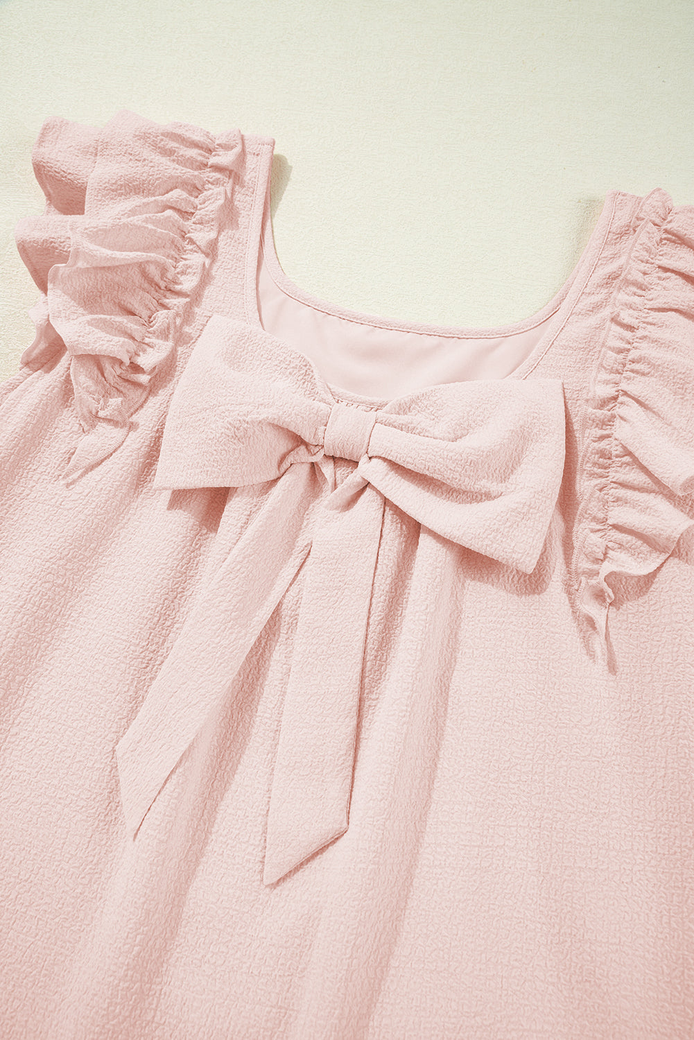 Light Pink Textured Flutter Sleeve Square Neck Bow Back Mini Dress
