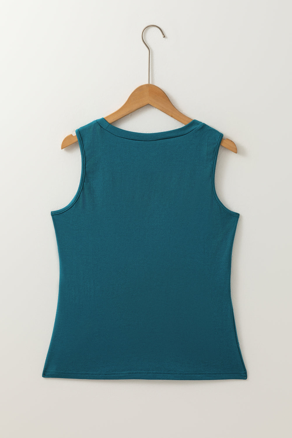 Blue Sapphire Solid Color Stitching Detail Round Neck Tank Top