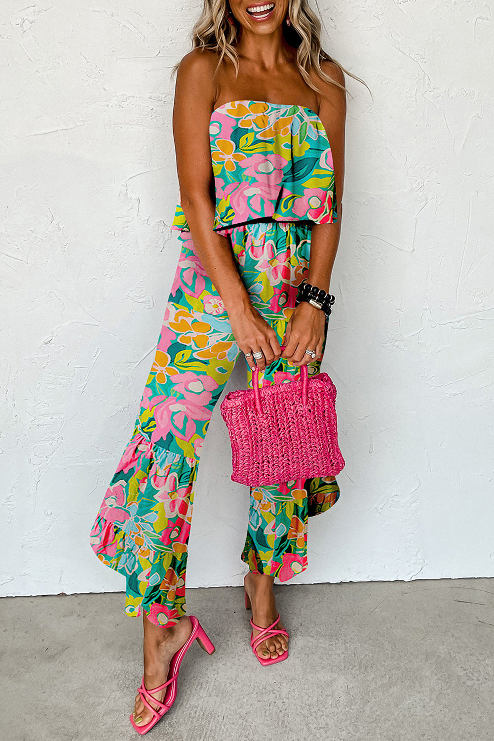 Red Mix Tropical Print Strapless Ruffled Jumpsuit