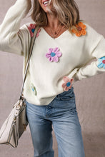 Load image into Gallery viewer, White Crochet Flower V Neck Sweater
