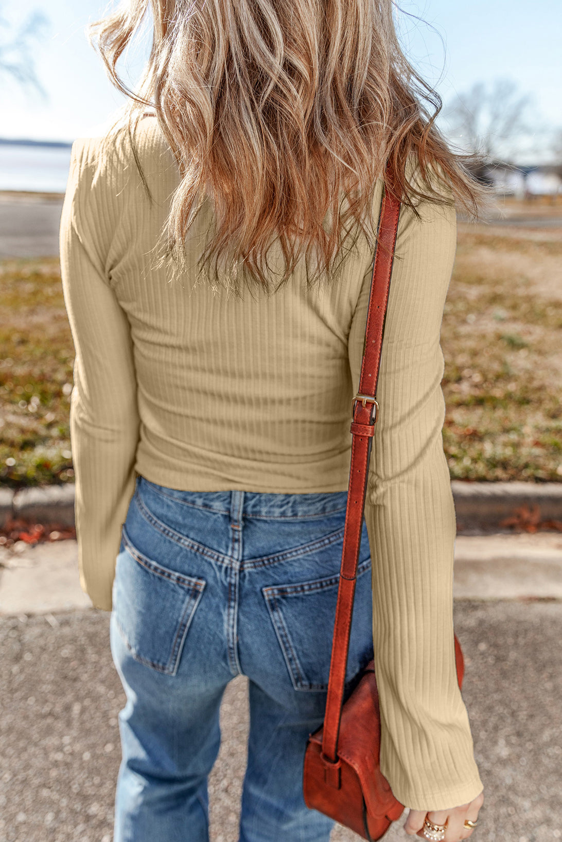 Beige Ribbed Buttoned Collar Long Sleeve Slim Fit Top