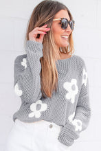 Load image into Gallery viewer, Light Grey Big Flower Hollowed Knit Drop Shoulder Sweater
