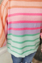 Load image into Gallery viewer, Pink Stripe Color Block Balloon Sleeve Crewneck Plus Size Sweater
