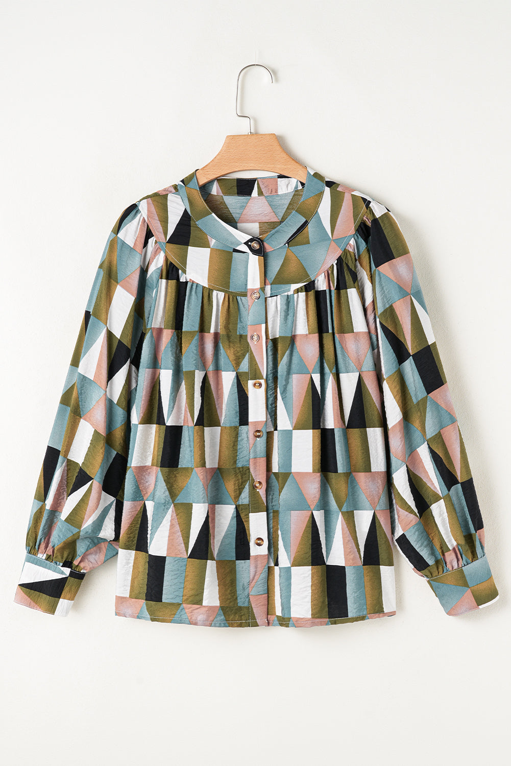 Green Geometric Print Buttoned Balloon Sleeve Loose Fit Shirt