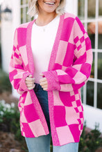 Load image into Gallery viewer, Rose Red Checkered Printed Ribbed Trim Open Front Cardigan
