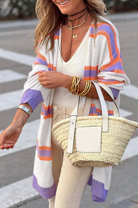 Multicolor Striped Long Sleeve Ribbed Trim Button Cardigan