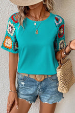 Load image into Gallery viewer, Turquoise Floral Crochet Short Sleeve Top
