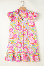 Load image into Gallery viewer, Pink Abstract Floral Ruffle Trim Flutter Sleeve Buttoned Dress
