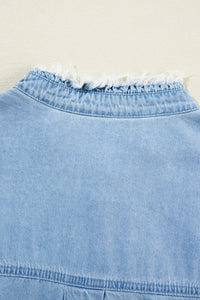 Dusk Blue Plus Size Ruffled Sleeve Button Up Frayed Denim Top