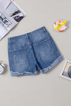 Load image into Gallery viewer, Camo Patchwork Rolled Hem Denim Shorts
