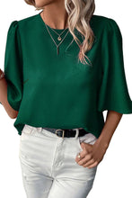 Load image into Gallery viewer, Blackish Green Solid Color Satin Keyhole Back Wide Sleeve Blouse
