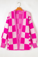 Load image into Gallery viewer, Rose Red Checkered Printed Ribbed Trim Open Front Cardigan
