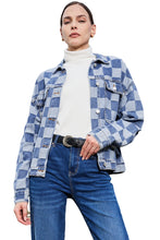 Load image into Gallery viewer, Light Blue Checkered Patchwork Button up Denim Jacket
