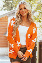 Load image into Gallery viewer, Orange Floral Print Knitted Open Front Loose Cardigan
