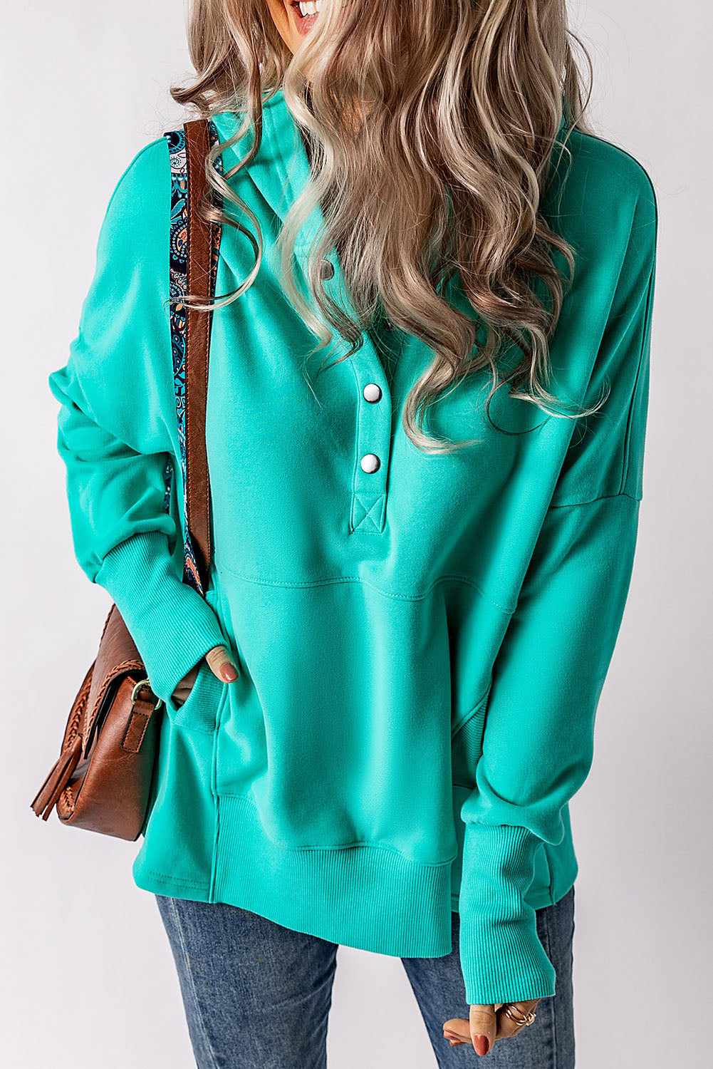 Green Batwing Sleeve Pocketed Henley Hoodie