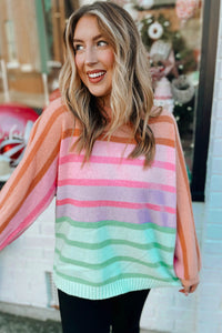 Multicolour Gradient Striped Ribbed Edge Loose Sweater