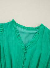 Load image into Gallery viewer, Sea Green Frilly V Neck Puff Sleeve Drawstring Shift Mini Dress
