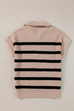 Load image into Gallery viewer, Khaki Stripe Zipped Collar Short Sleeve Sweater
