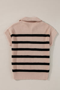 Khaki Stripe Zipped Collar Short Sleeve Sweater