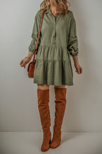 Load image into Gallery viewer, Jungle Green Puff Sleeve Buttoned Tiered Pleated Shirt Mini Dress
