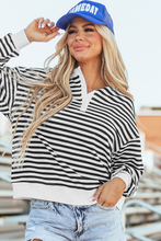 Load image into Gallery viewer, White Stripe Color Block Buttoned Crew Neck Oversized Sweatshirt
