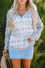 Load image into Gallery viewer, Sky Blue Geometric Print Shirred Puff Sleeve V Neck Blouse
