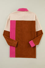 Load image into Gallery viewer, Rose Red Colorblock Curved Hem Corduroy Shacket with Pocket
