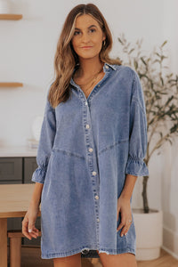 Gray Buttoned Long Sleeve Denim Mini Dress