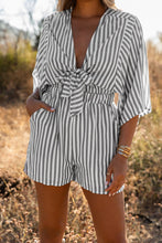 Load image into Gallery viewer, Gray 3/4 Wide Kimono Sleeves Tie Front Striped Romper with Pockets
