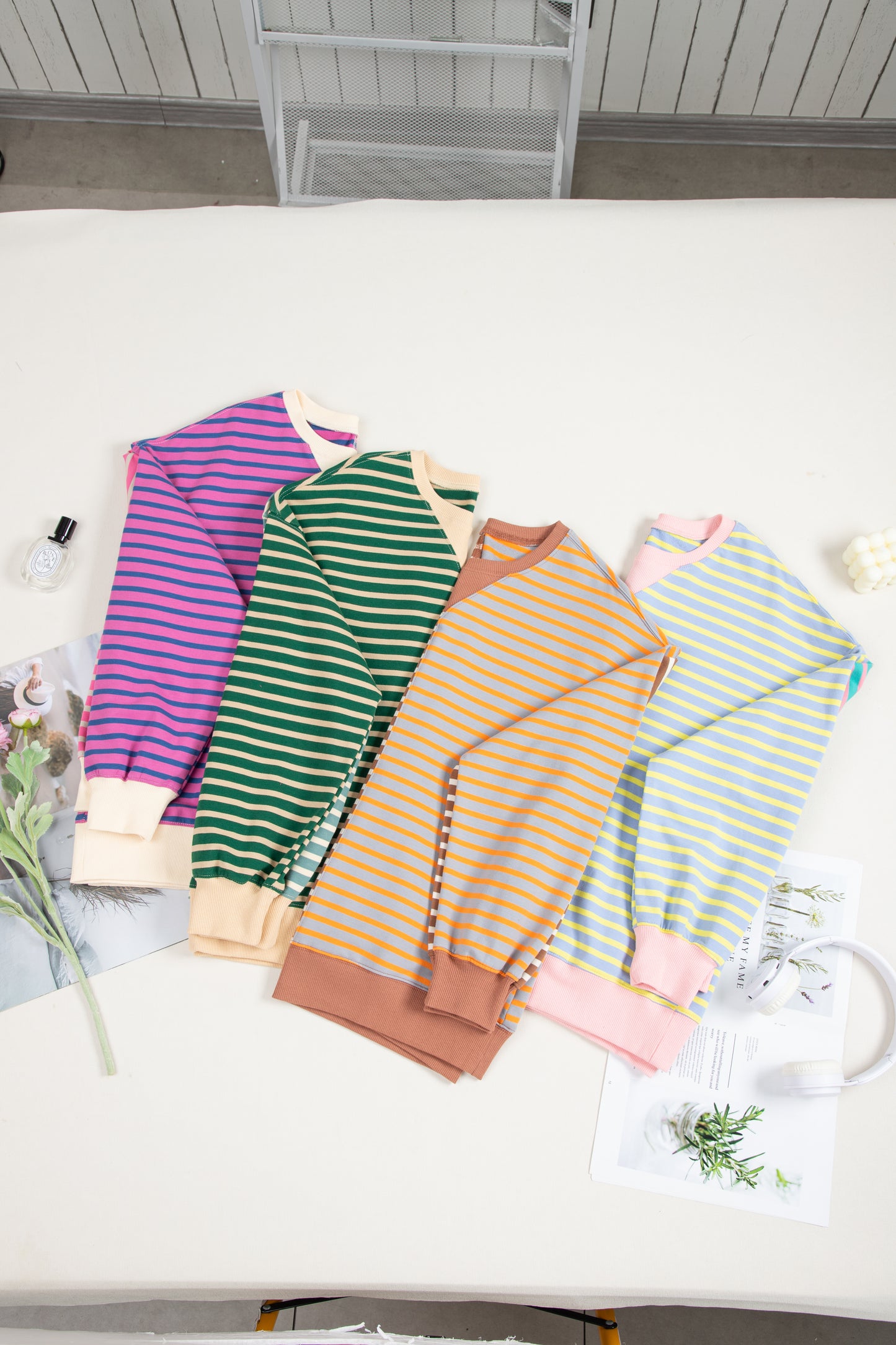 Green Stripe Casual Stripe Colorblock Drop Shoulder Oversize Sweatshirt