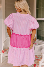 Load image into Gallery viewer, Pink Ricrac Block Accent Puff Short Sleeve Flowy Plus Dress
