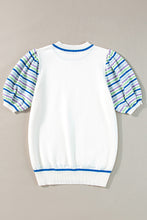 Load image into Gallery viewer, White Crochet Striped Bubble Sleeve Knit Sweater
