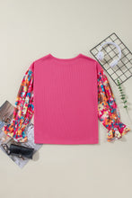 Load image into Gallery viewer, Sachet Pink Flower Patchwork Ruffled Sleeve Ribbed Knit Drop Shoulder Top
