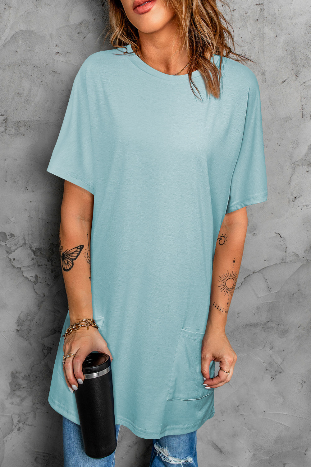 Gray Side Pockets Short Sleeve Tunic Top