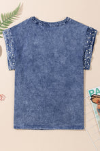 Load image into Gallery viewer, Dusk Blue Acid Wash Pearl Embellishments O-neck Denim Top
