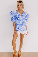 Load image into Gallery viewer, Dark Blue Floral Print Ruffled Bubble Sleeve Blouse
