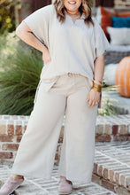 Load image into Gallery viewer, Beige Plus Size Textured Collared Top and Pants Set
