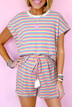 Load image into Gallery viewer, Pink Stripe Crew Neck Tee and Tasseled Drawstring Shorts Set
