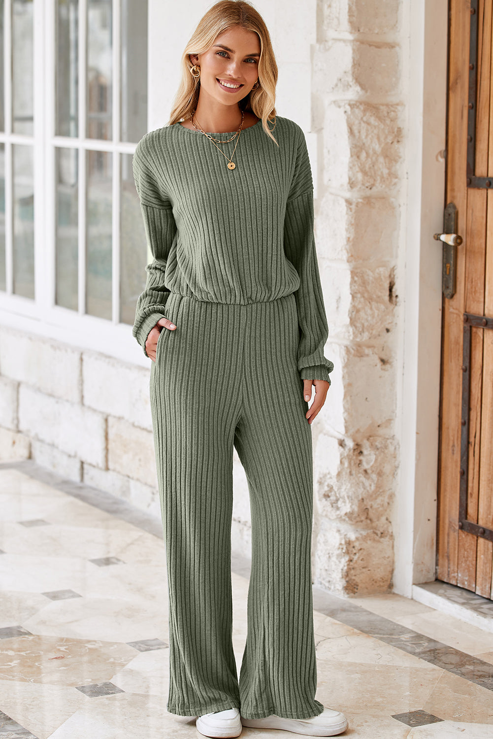 Laurel Green Solid Ribbed Knit Keyhole Back High Waist Jumpsuit