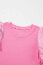 Load image into Gallery viewer, Strawberry Pink Ruffled Pleated Mesh Sleeve Ribbed Knit Slim Fit T Shirt
