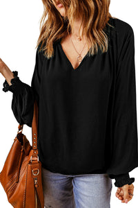 Green Pleated V Neck Puffy Sleeve Blouse