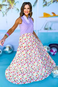 Pink Abstract Print Tiered Flowy Maxi Skirt