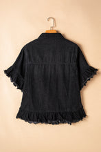 Load image into Gallery viewer, Black Raw Edge Ruffled Short Sleeve Denim Jacket
