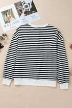 Load image into Gallery viewer, White Stripe Color Block Buttoned Crew Neck Oversized Sweatshirt
