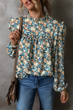 Load image into Gallery viewer, Sky Blue Floral Print Frilled Mock Neck Puff Sleeve Blouse
