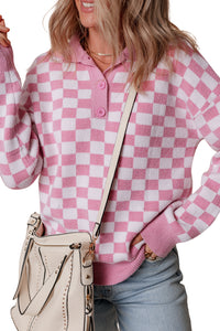 Pink Checkered Buttons Collar V Neck Drop Shoulder Sweater