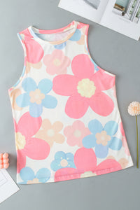 Pink Floral Print Round Neck Sleeveless Top